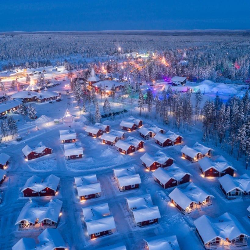Aerial night view of Santa Claus Village in Rovaniemi in Lapland in Finland.