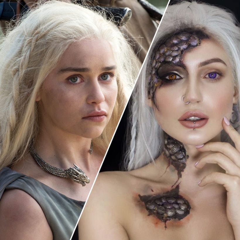A side by side of Emilia Clark as Daenerys Targaryen and Sophia White cospainting as Daenerys Targaryen.