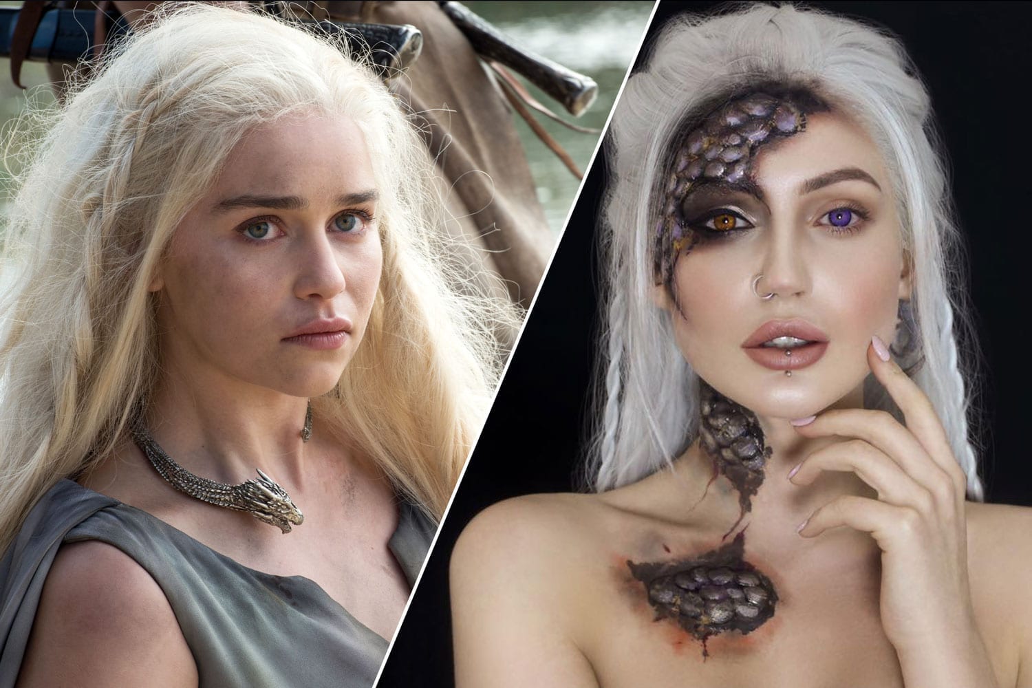 A side by side of Emilia Clark as Daenerys Targaryen and Sophia White cospainting as Daenerys Targaryen.