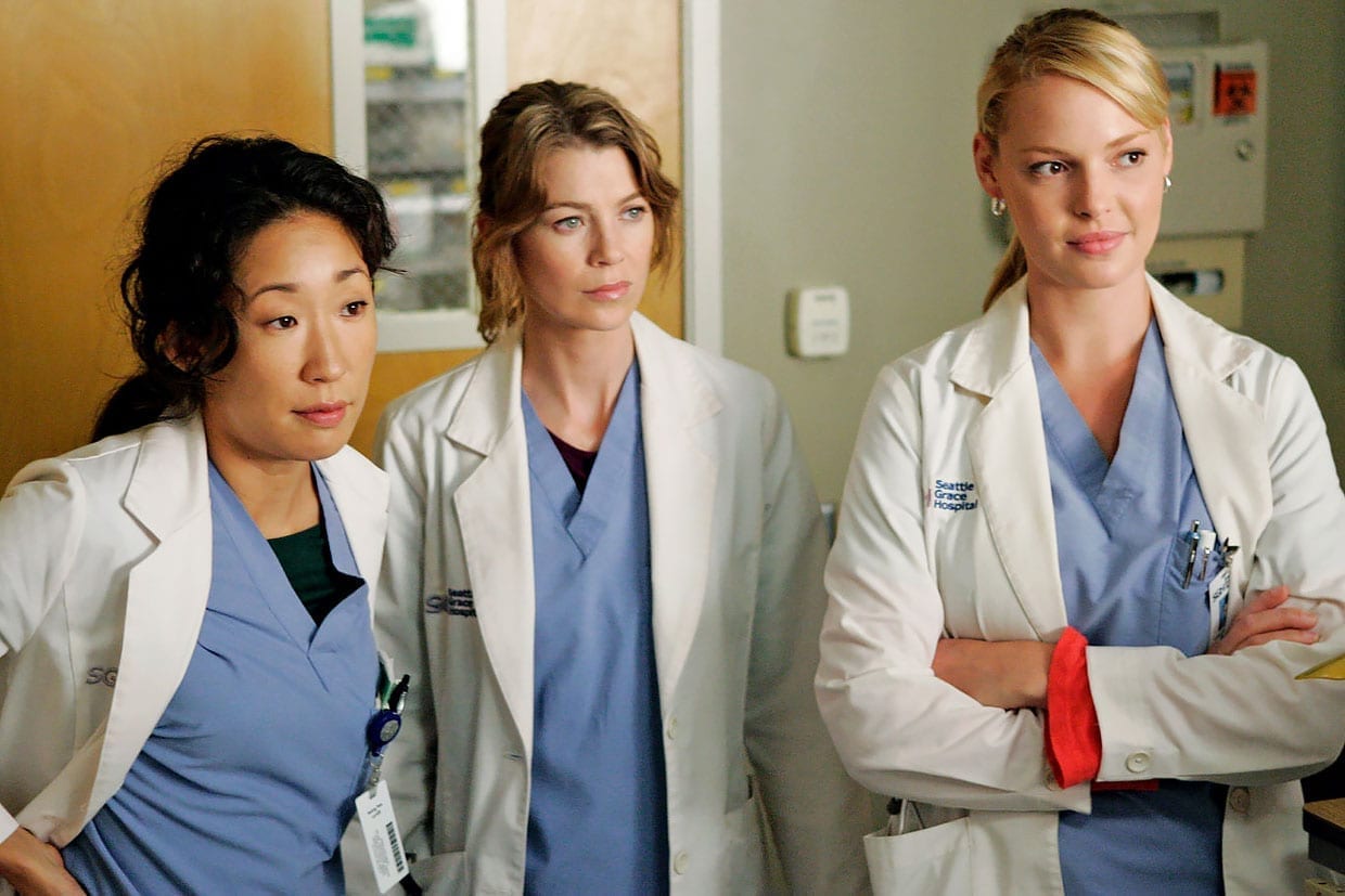 Sandra Oh, Ellen Pompeo, and Katherine Heigl in a scene from Grey's Anatomy.