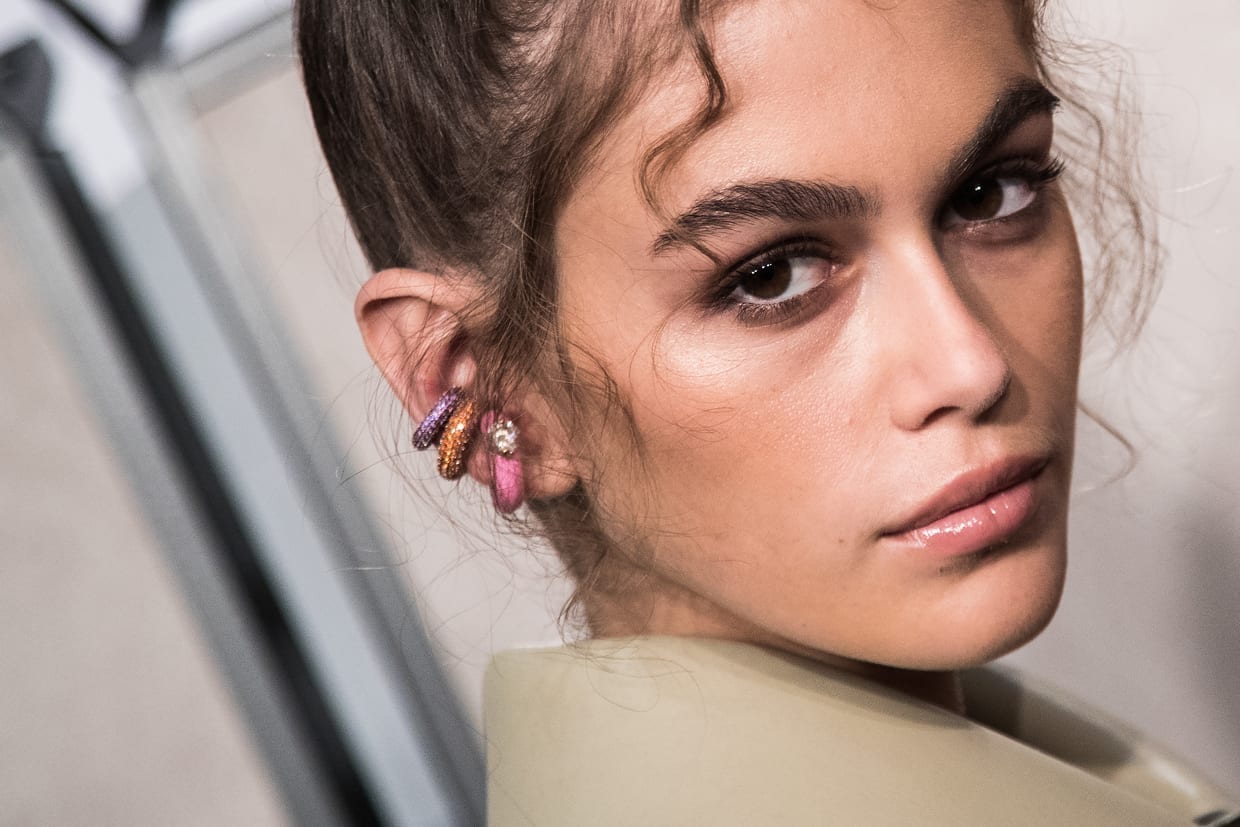 Kaia Gerber backstage ahead of the Fendi show during Milan Fashion Week Spring/Summer 2019, Sept. 20, 2018.