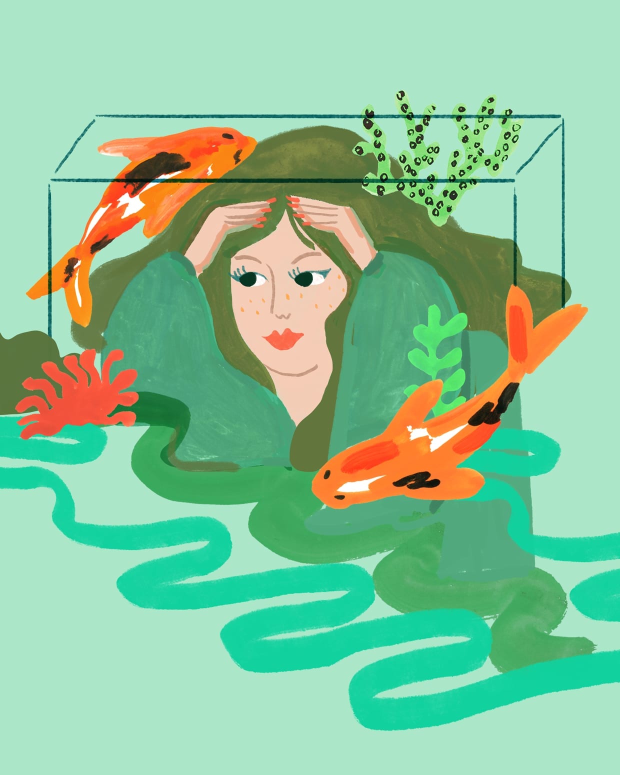 An illustration of a woman in a fish tank.