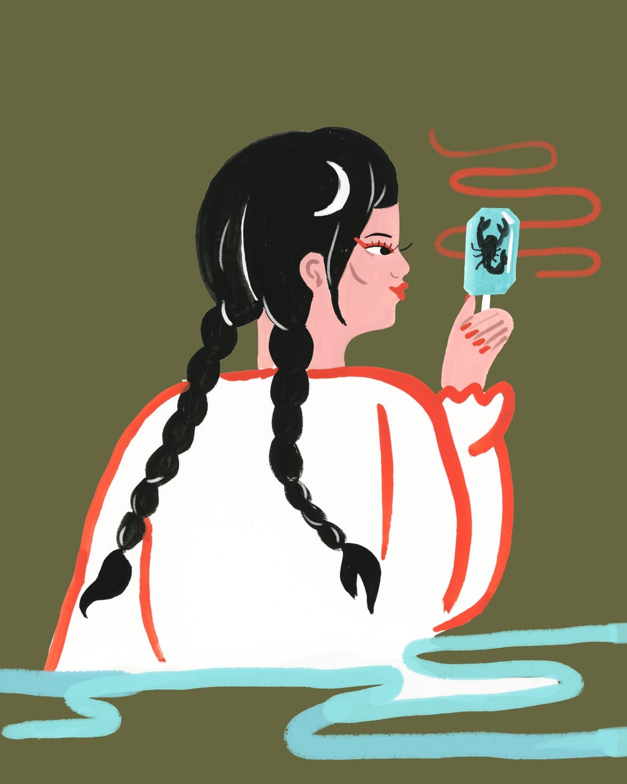 An illustration of a woman holding a scorpion lollipop.