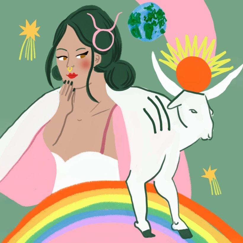 An illustration of a woman with a bull.