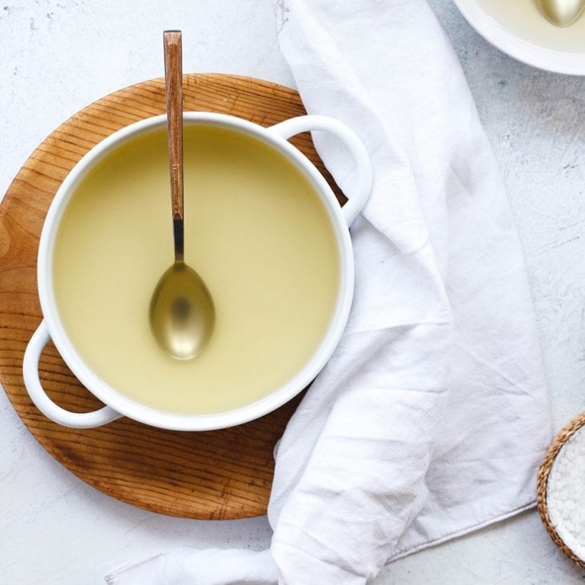 Overhead shot of bone broth soup.