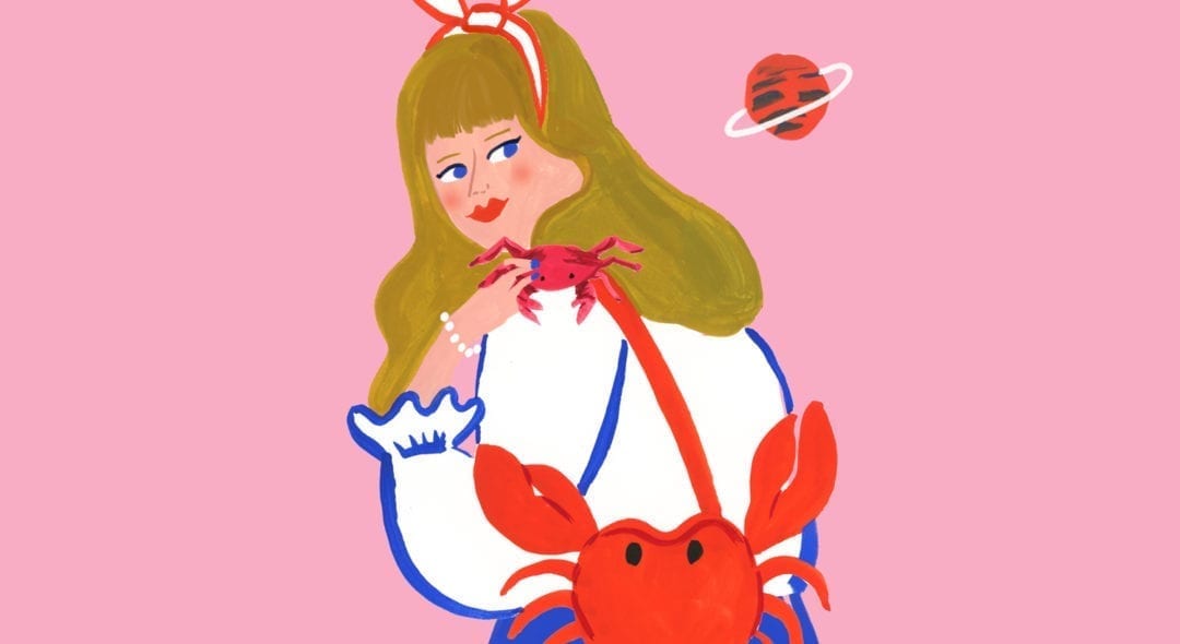 An illustration of a woman with a crab backpack.