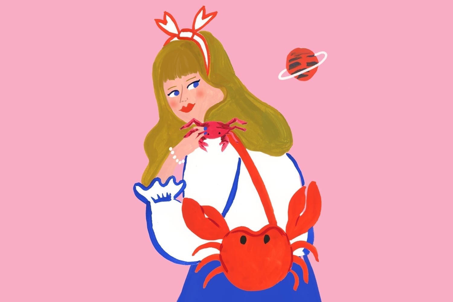An illustration of a woman with a crab backpack.