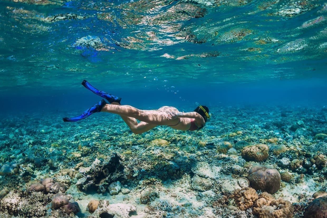 A woman free diving in a bikini swimming underwater in a tropical blue ocean.