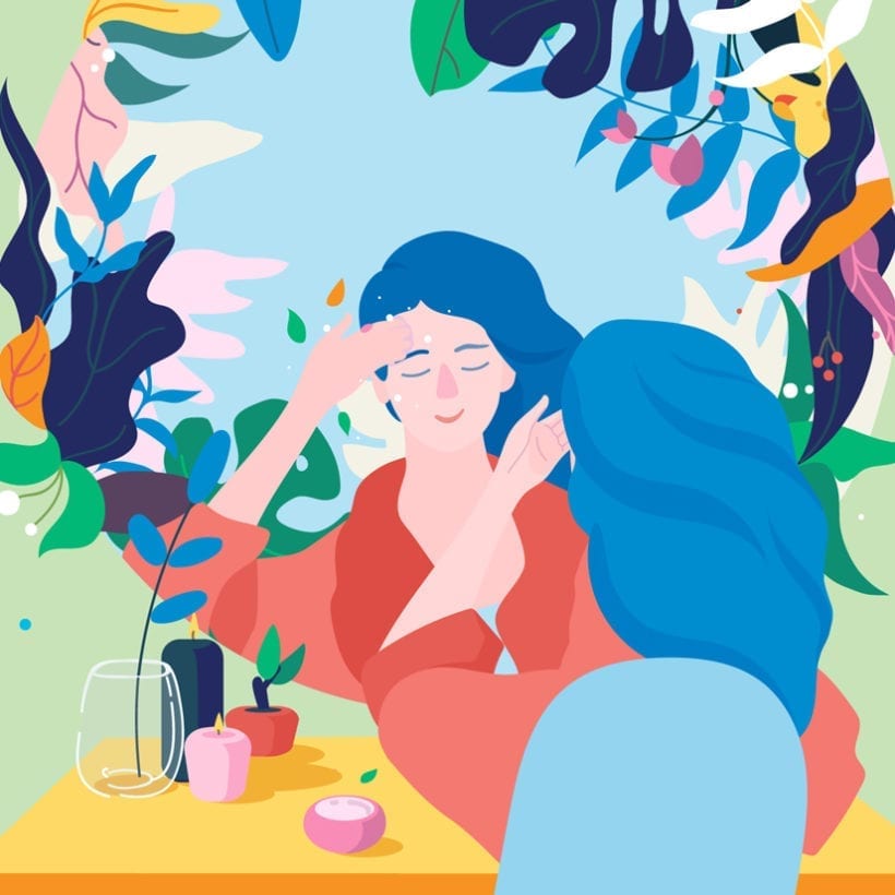 An illustration of a woman sitting at a vanity applying beauty products.