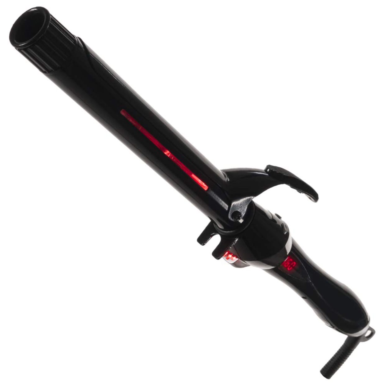 A black and red curling iron.