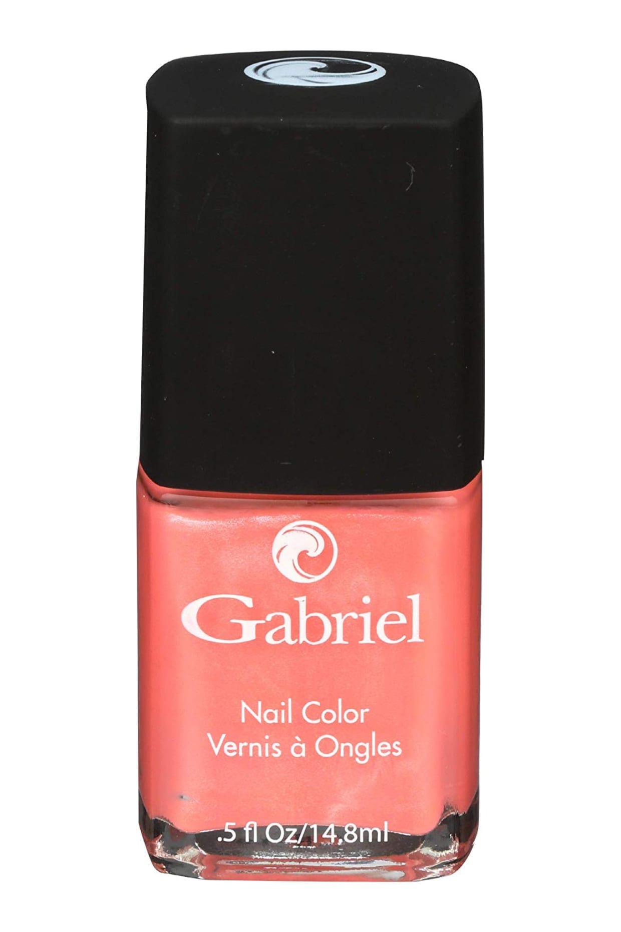 A coral nail polish bottle with a black cap.