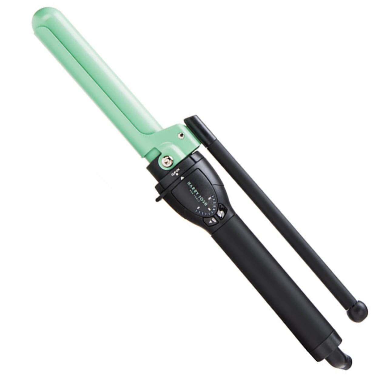 A mint green and black curling iron.