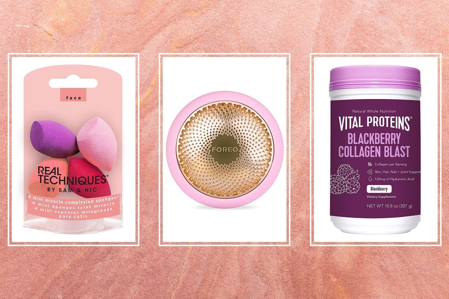 A triptych of of beauty sponges, a pink circular device with a gold center, and a white container with a purple lid and label.