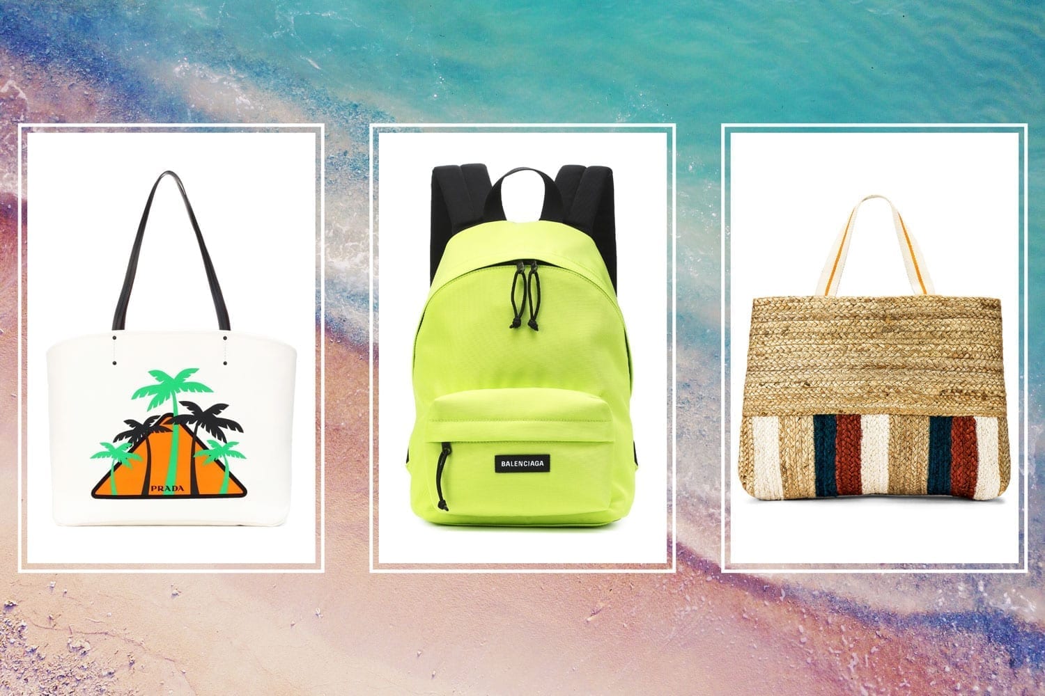 A triptych of three bags on a beach background.