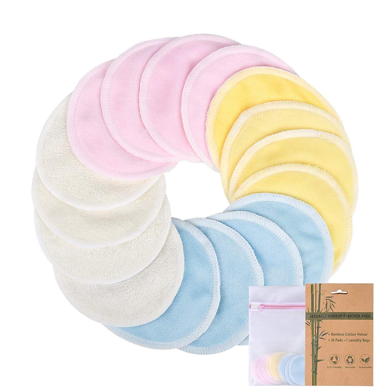 A circle of several circular multi-color towels.