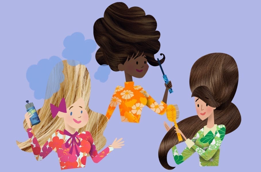 An illustration of three women styling their hair.