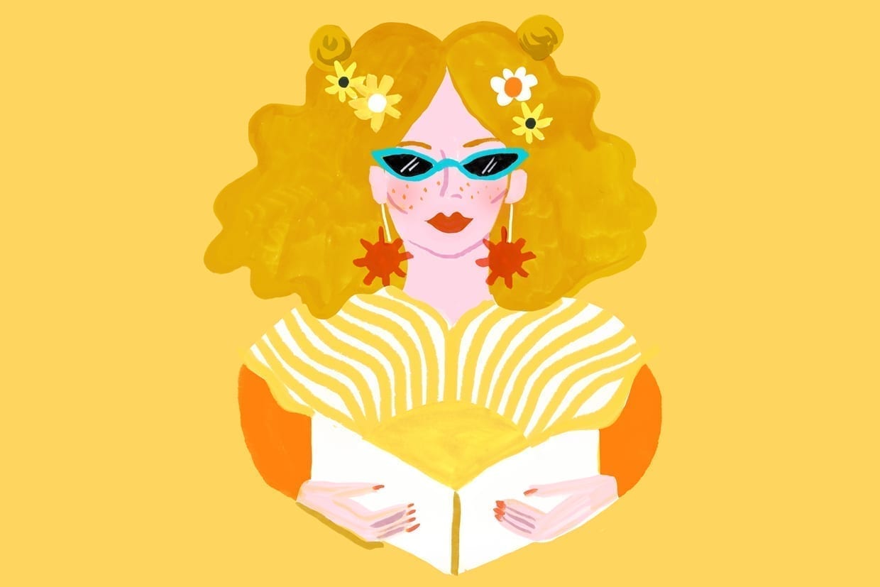 An illustration of a woman holding a book all in shades of yellow.