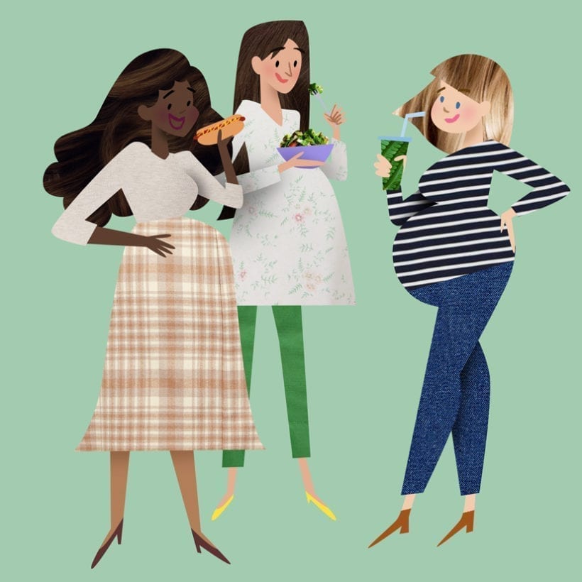 An illustration of three pregnant women eating and drinking.