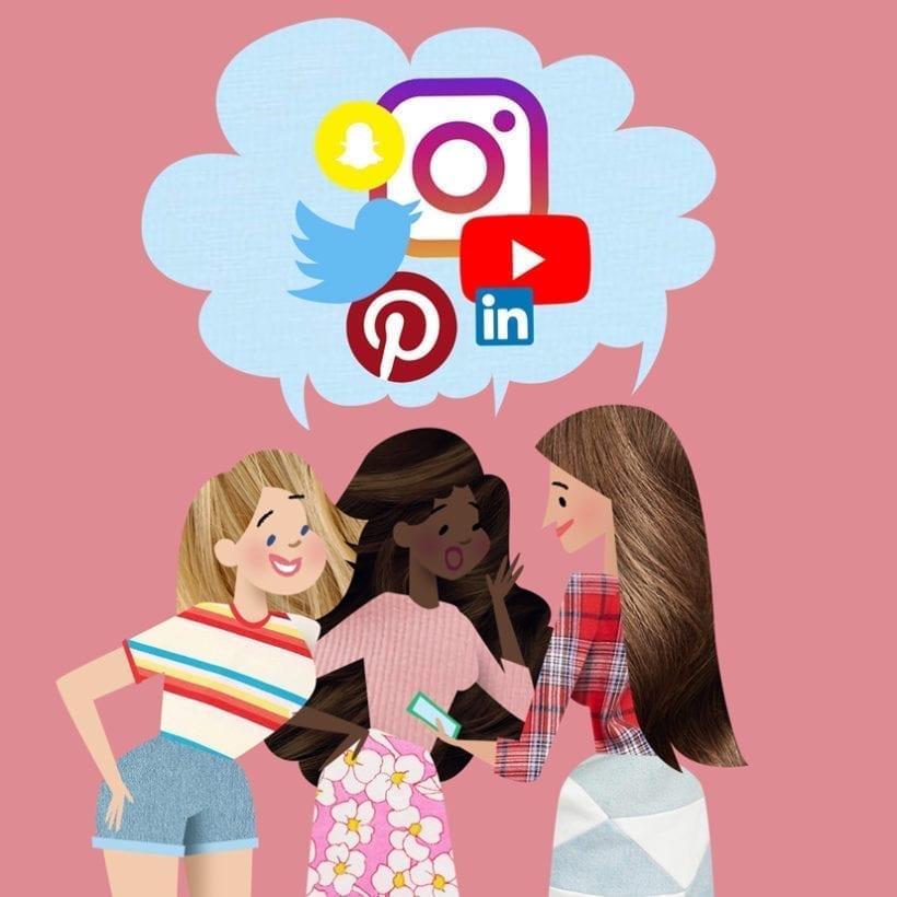An illustration of three women around a phone with social media icons above them.