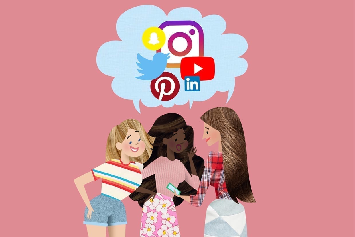An illustration of three women around a phone with social media icons above them.