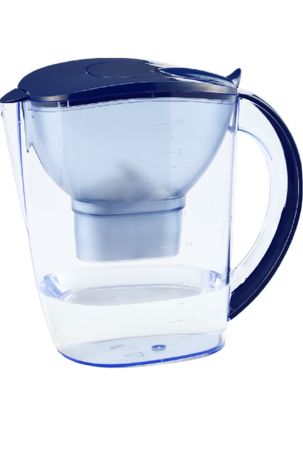 A clear plastic water pitcher with a navy lid and handle.