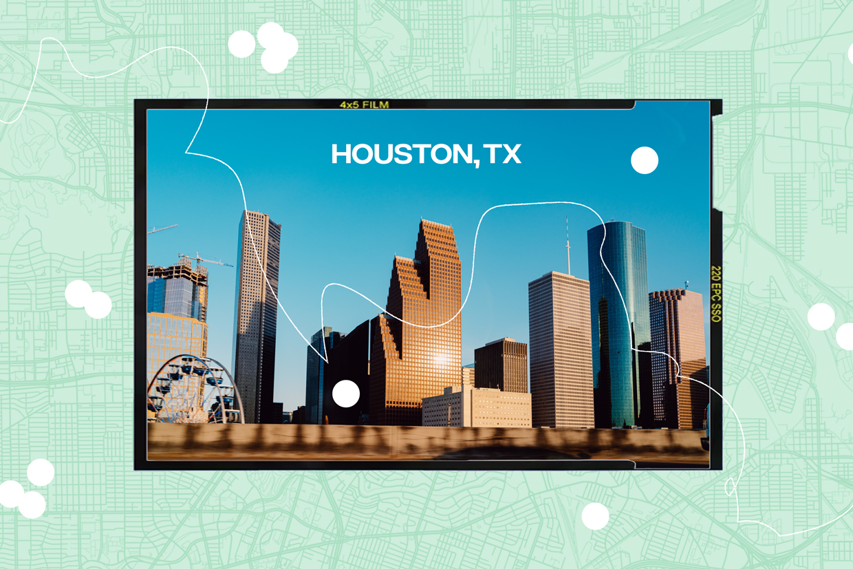 Collage of Houston, Texas cityscape with map background