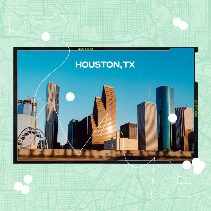 Collage of Houston, Texas cityscape with map background