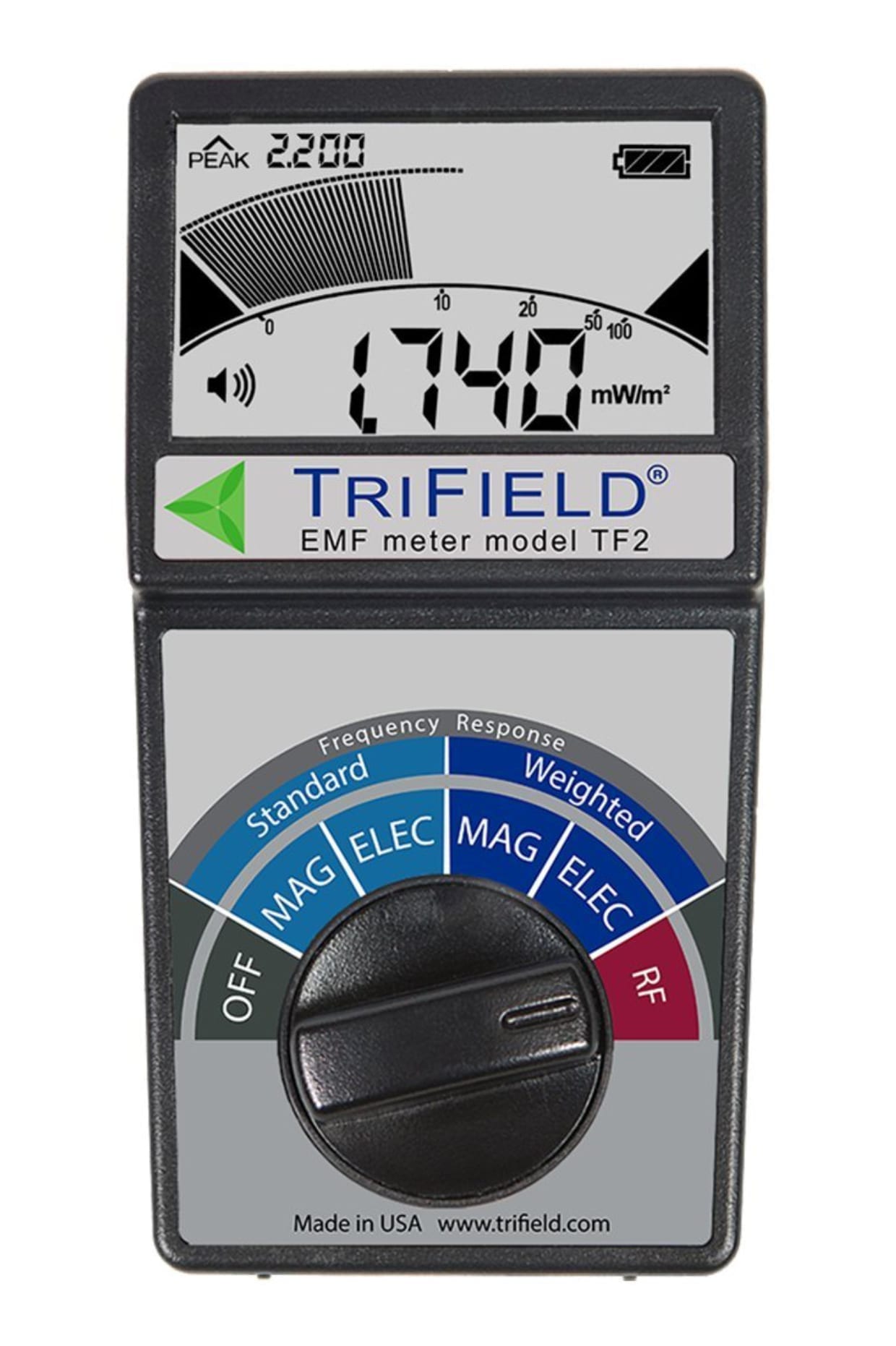 A multicolor plastic rectangular EMF detector with a black knob.