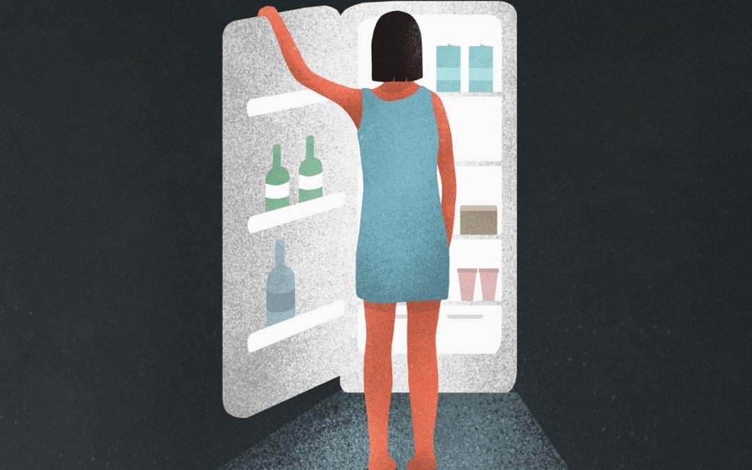 An illustration of a woman stands in front of a refrigerator.