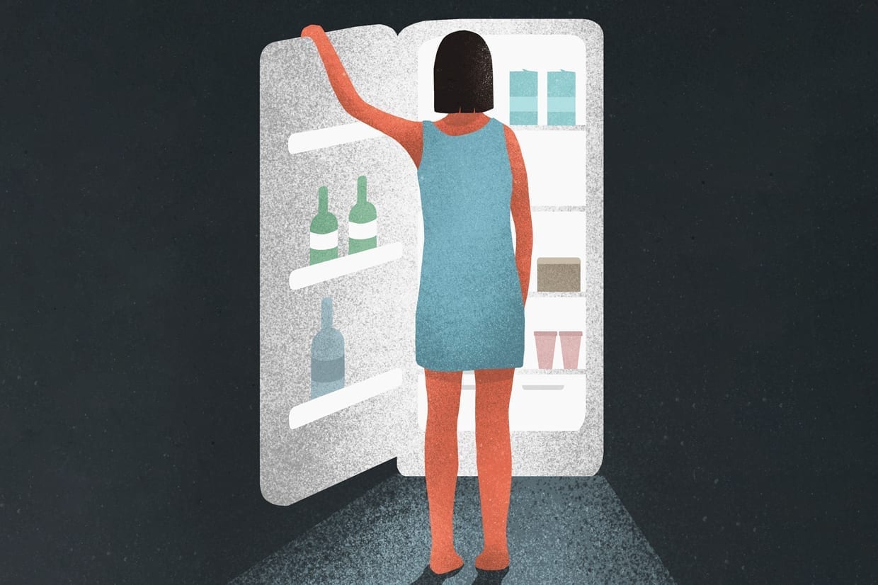 An illustration of a woman stands in front of a refrigerator.