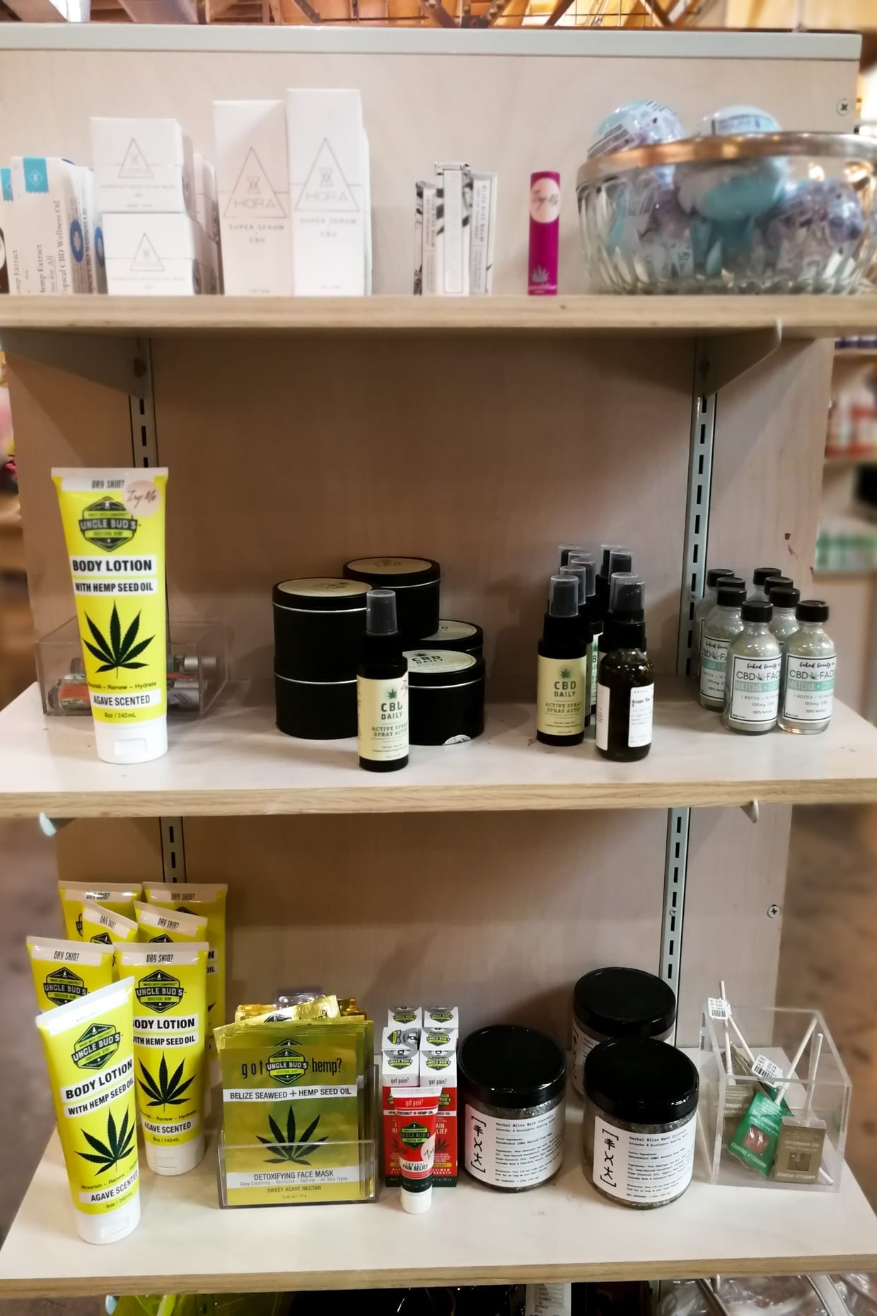 CBD products on a shelf.