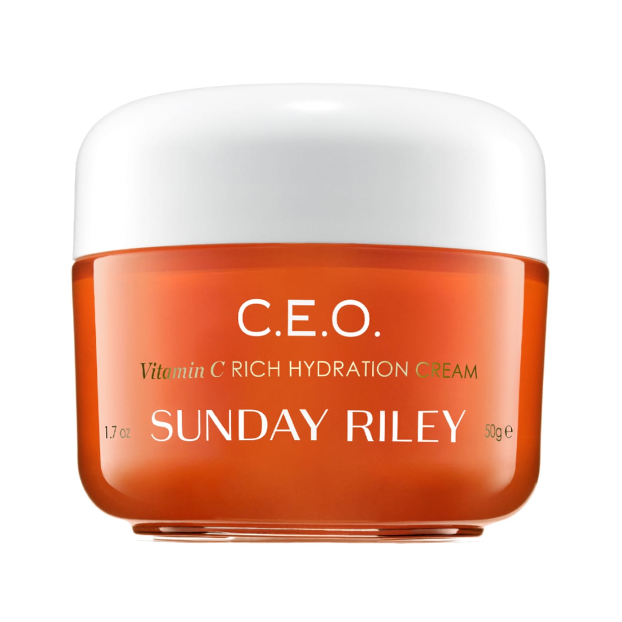 An orange jar with a white lid on white.