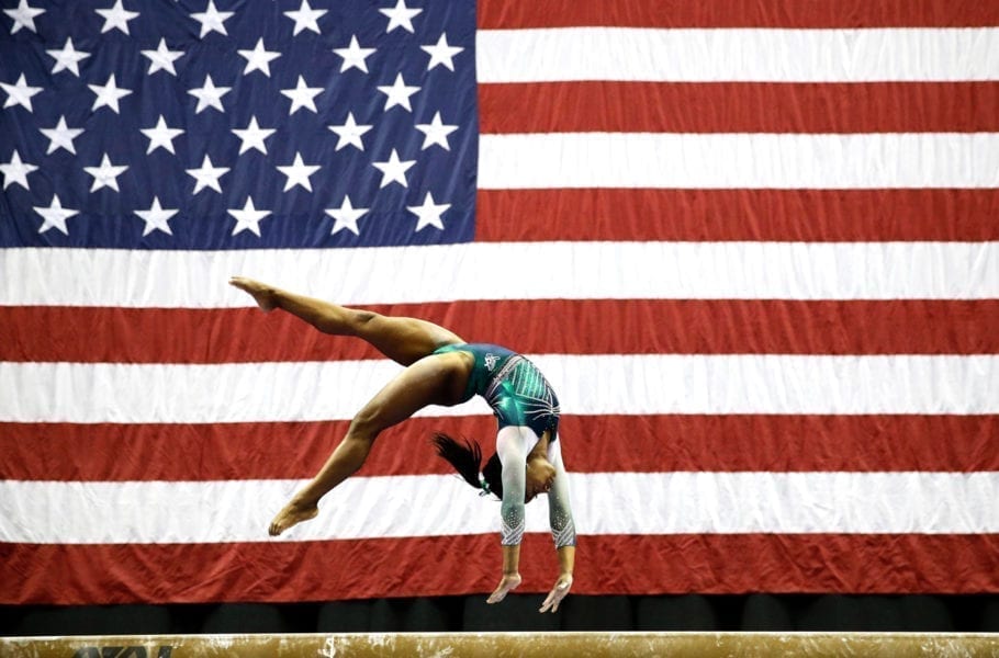 Simone Biles competes on the beam at the U.S. Gymnastics Championships, in Kansas City, Mo.,Aug. 9, 2019.