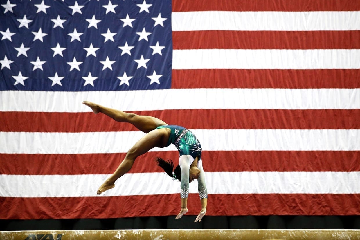 Simone Biles competes on the beam at the U.S. Gymnastics Championships, in Kansas City, Mo.,Aug. 9, 2019.