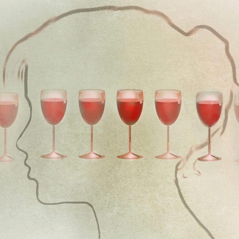 Conceptual illustration of a woman's profile and a line of glasses of wine.