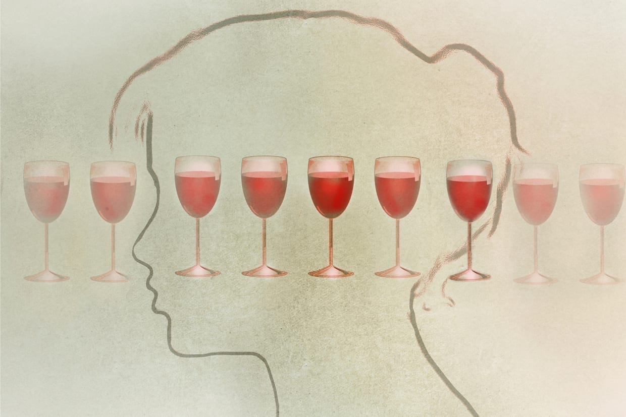 Conceptual illustration of a woman's profile and a line of glasses of wine.