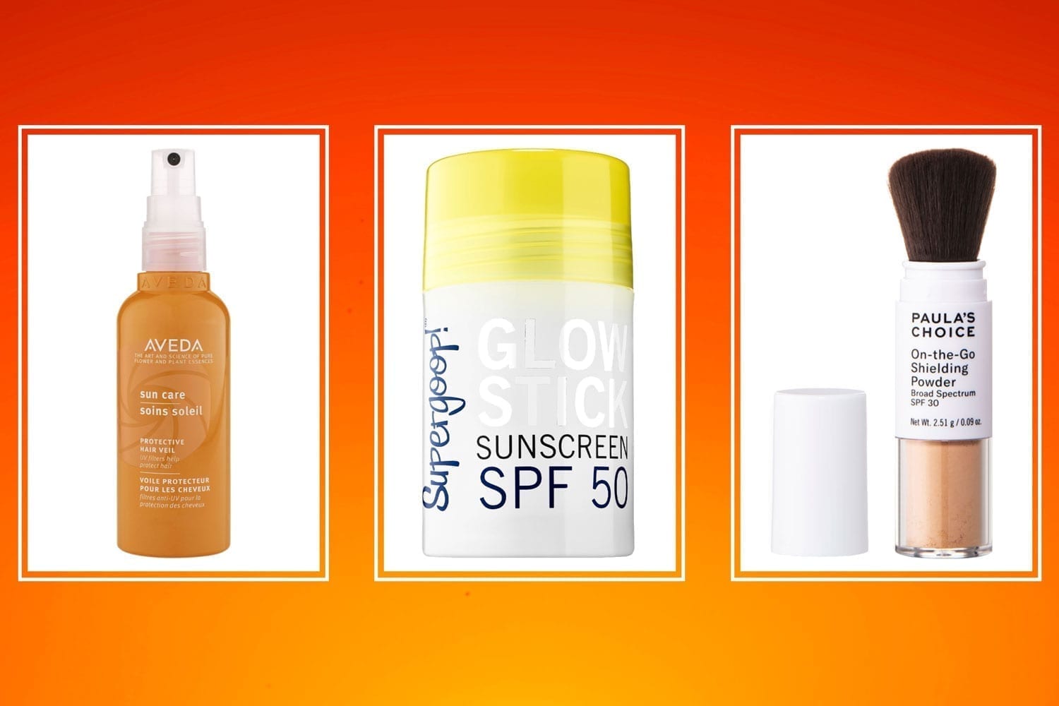 A triptych of three SPF products on a yellow orange gradient background.