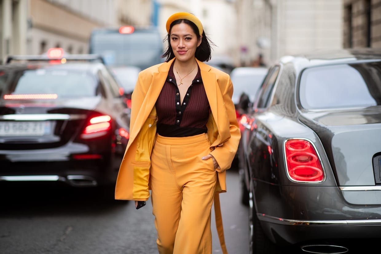 Tiffany Hsu is seen wearing hair loop, yellow suit outside Y/Project in Paris, Feb. 28, 2019.