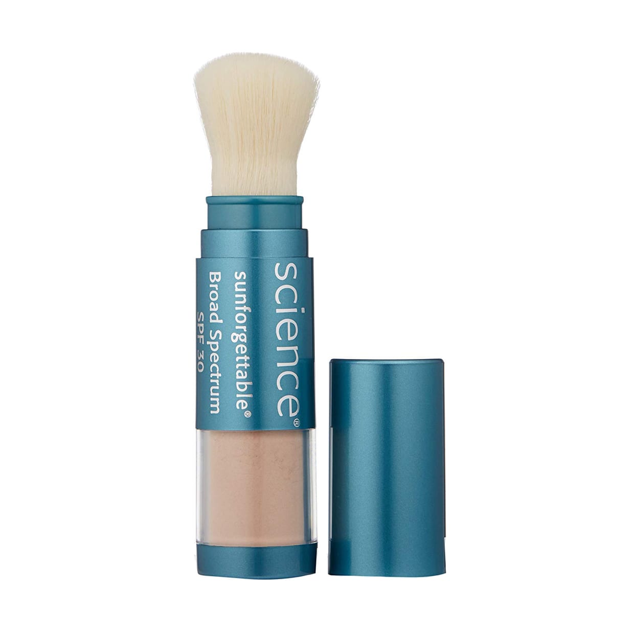 A clear and teal tube with a brush on one end next to a teal cap.