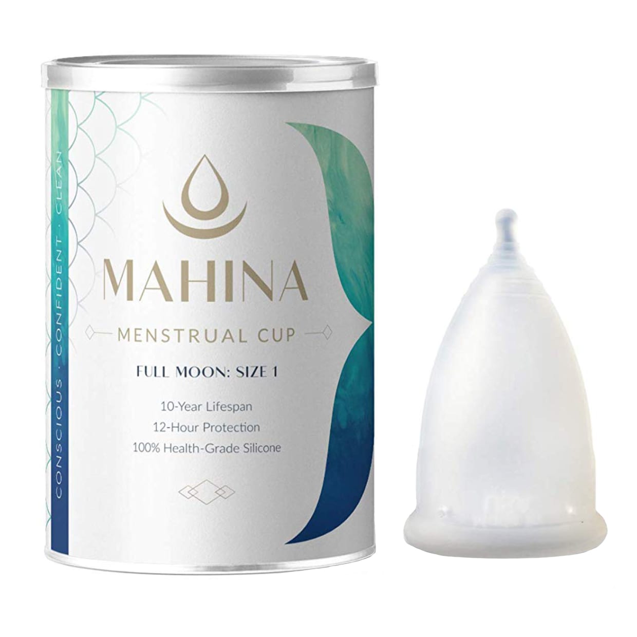 A silver can next to a plastic dome shaped menstrual cup.