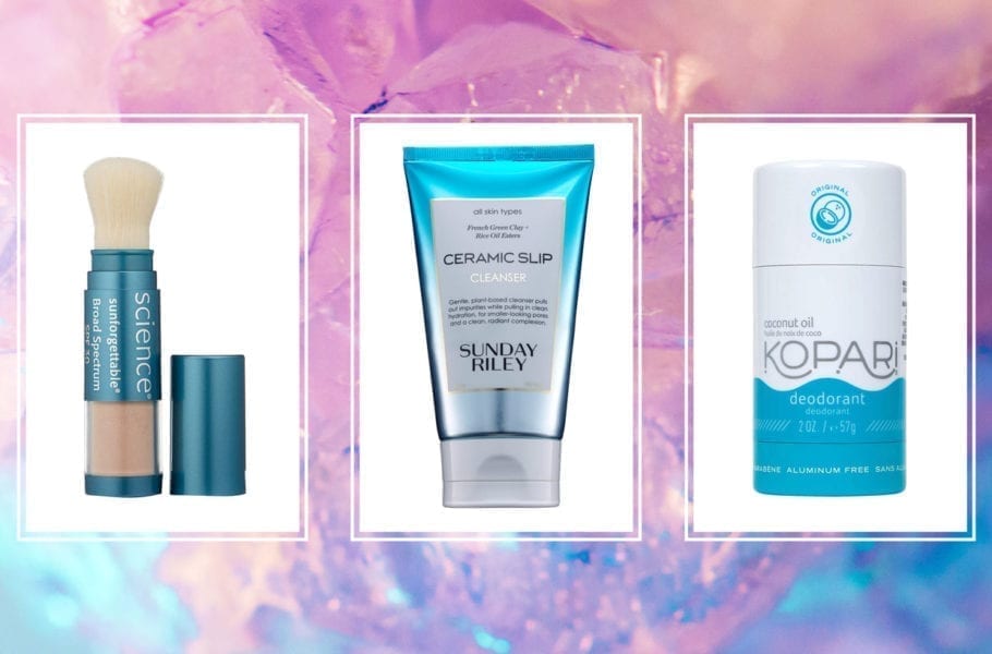 A triptych of three beauty products on a purple, pink and teal background.