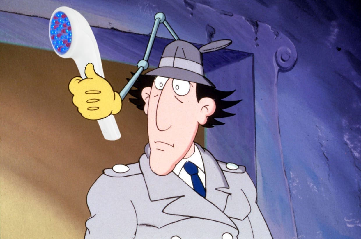 An illustration of the cartoon character, Inspector Gadget, holding an LED light facial device.