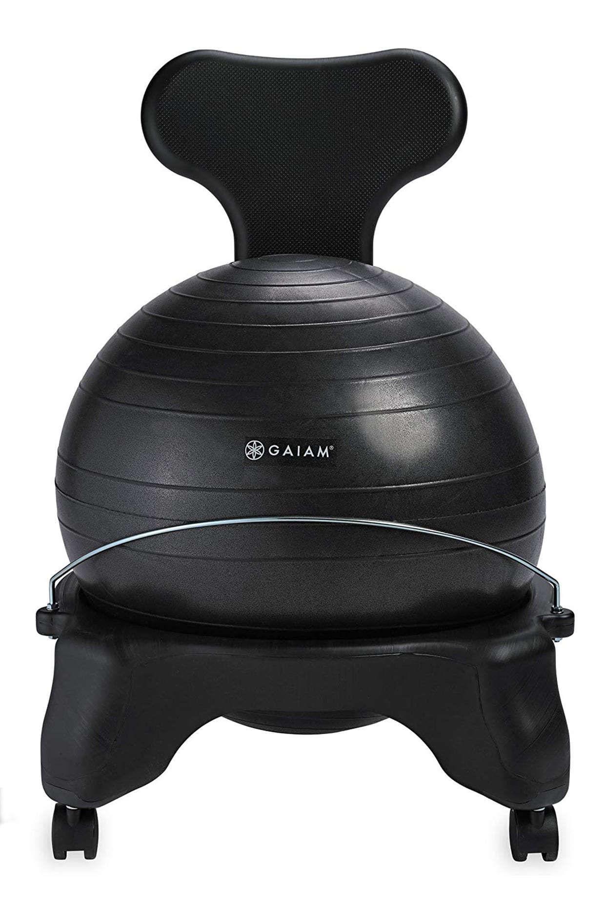 A black chair holder with a black stability yoga ball.