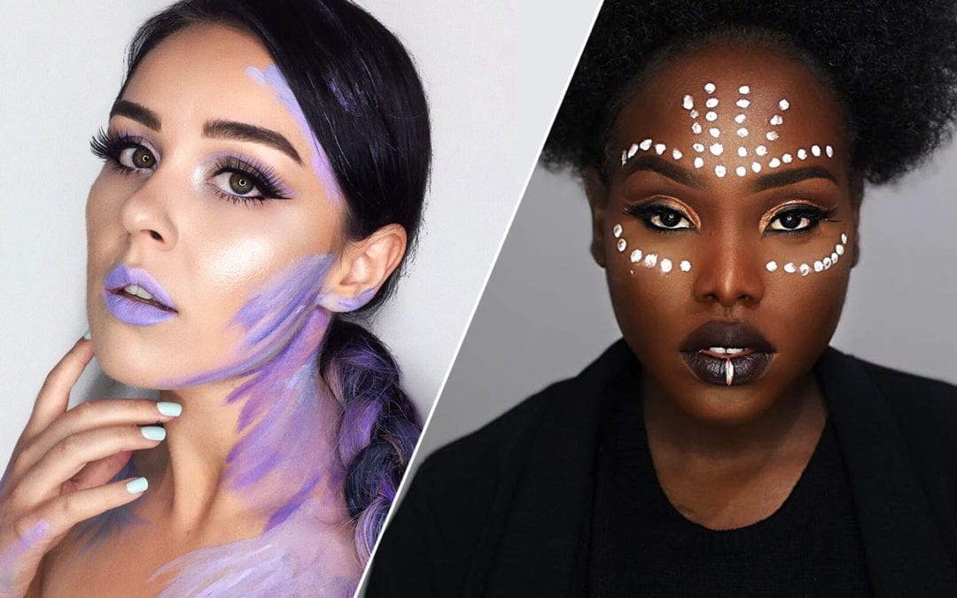 A side by side of two women in face paint.