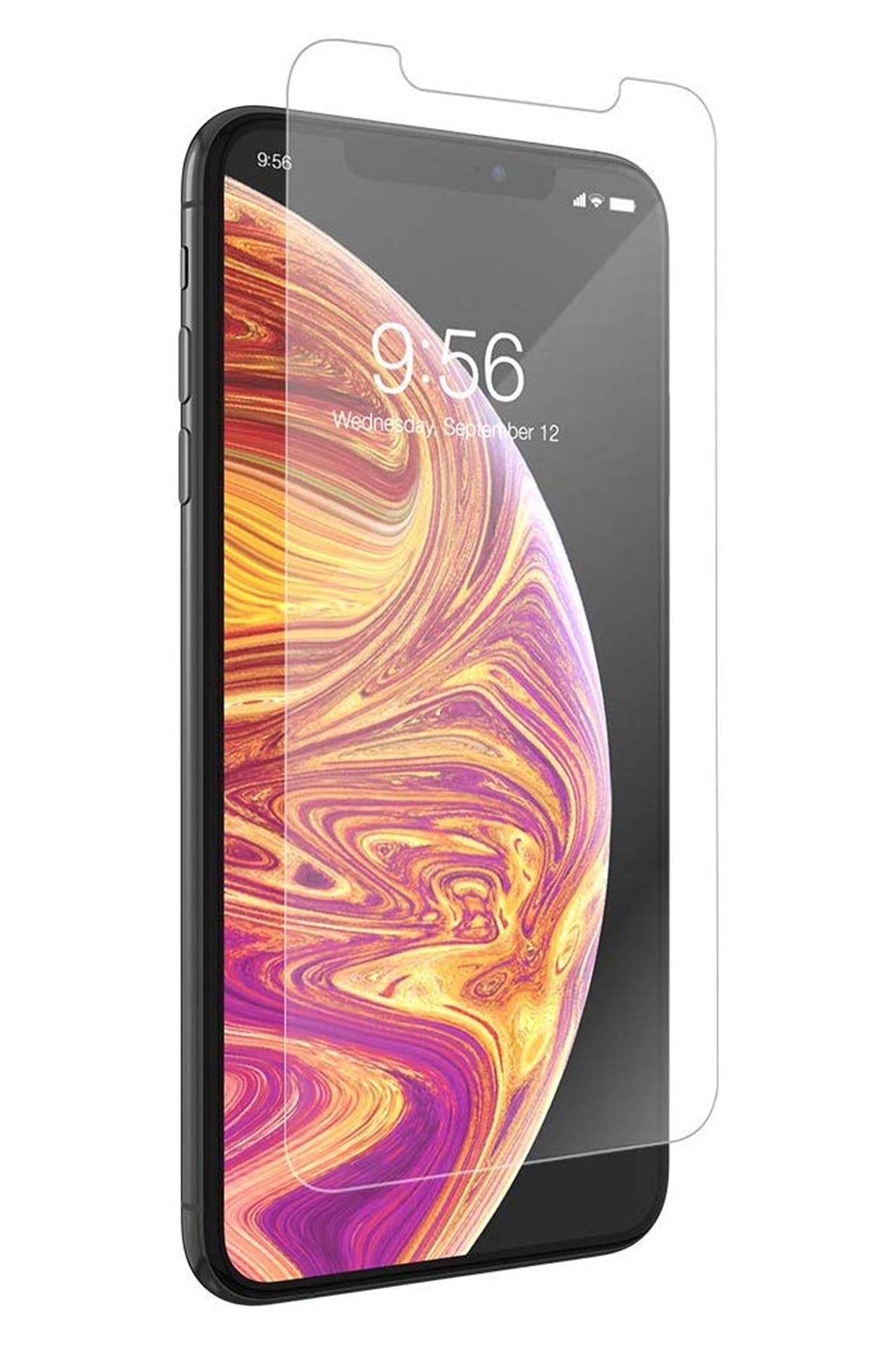 An iPhone on white with a glass screen protector.
