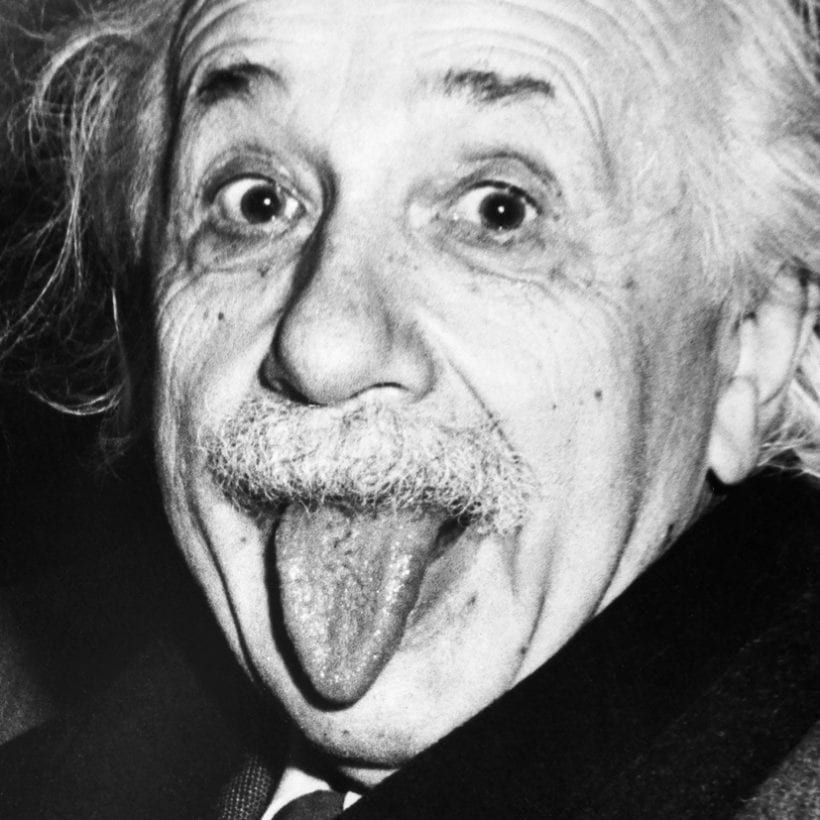 Albert Einstein sticks out his tongue on his 72nd birthday, March 14, 1951.