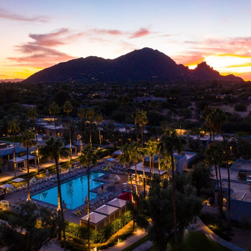 An aerial view of Scottsdale, Arizona at sunset.
