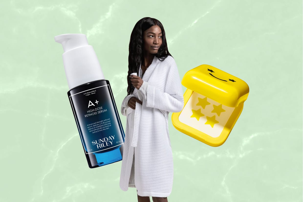 A collage of A+ High Dose Retinoid Serum, a woman wearing a Parachute Waffle Robe, and a case of Starface Hydro-Stars on a green marble background.