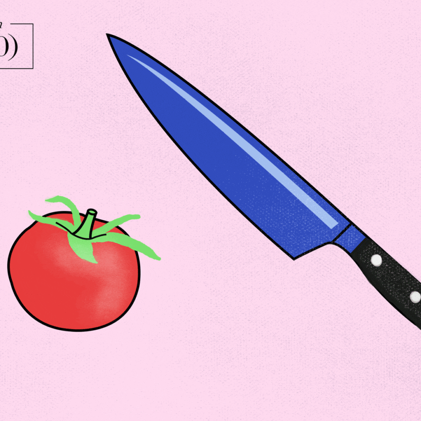 An animated illustration of a tomato and a knife.