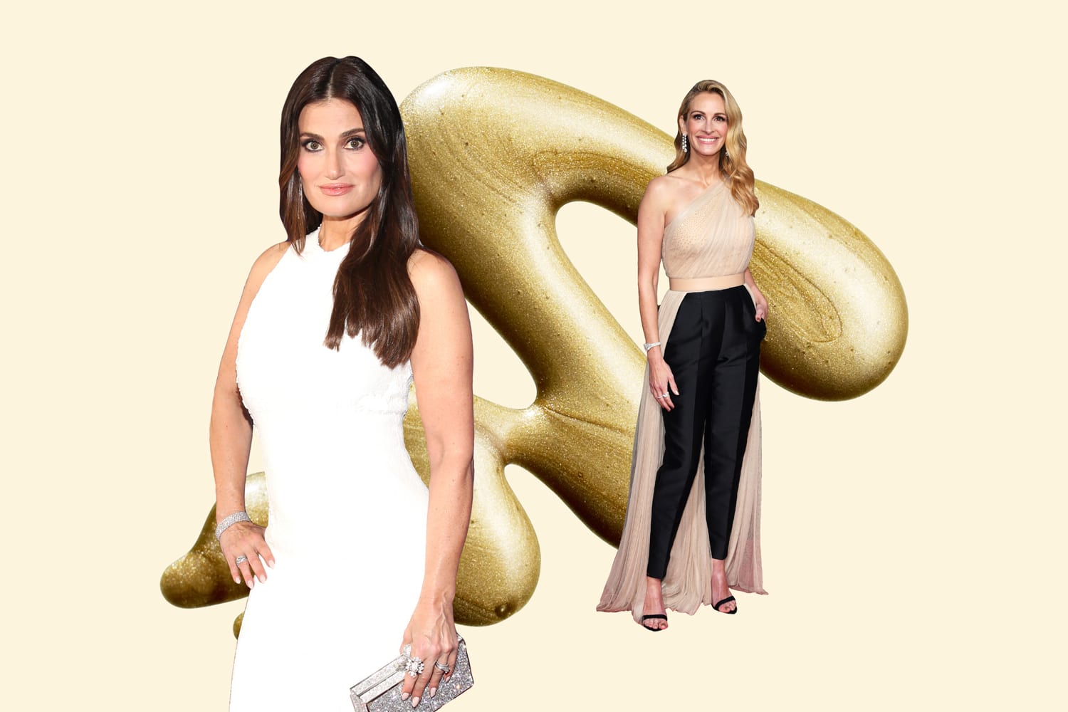 Idina Menzel and Julia Roberts in front of a gold swatch of nail polish.
